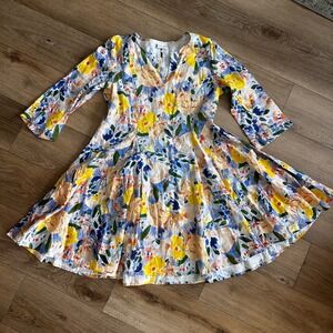 Foil 100% Linen Floral V-Neck Fit & Flare Dress‎ 3/4 Sleeve Multi-Color Size 10